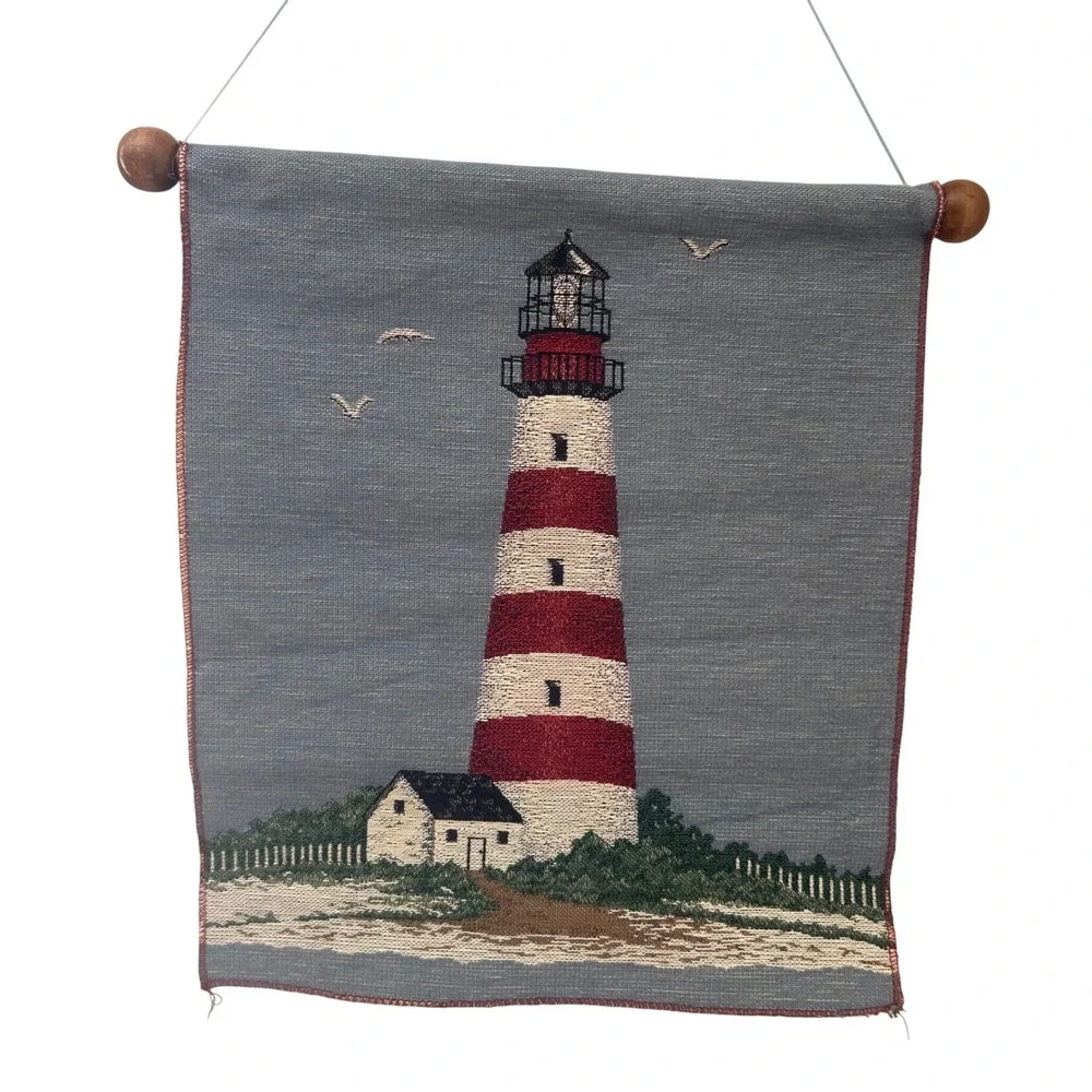 Vintage Woven Lighthouse Tapestry Wall Hanging Coastal Nautical Decor Wood Rod